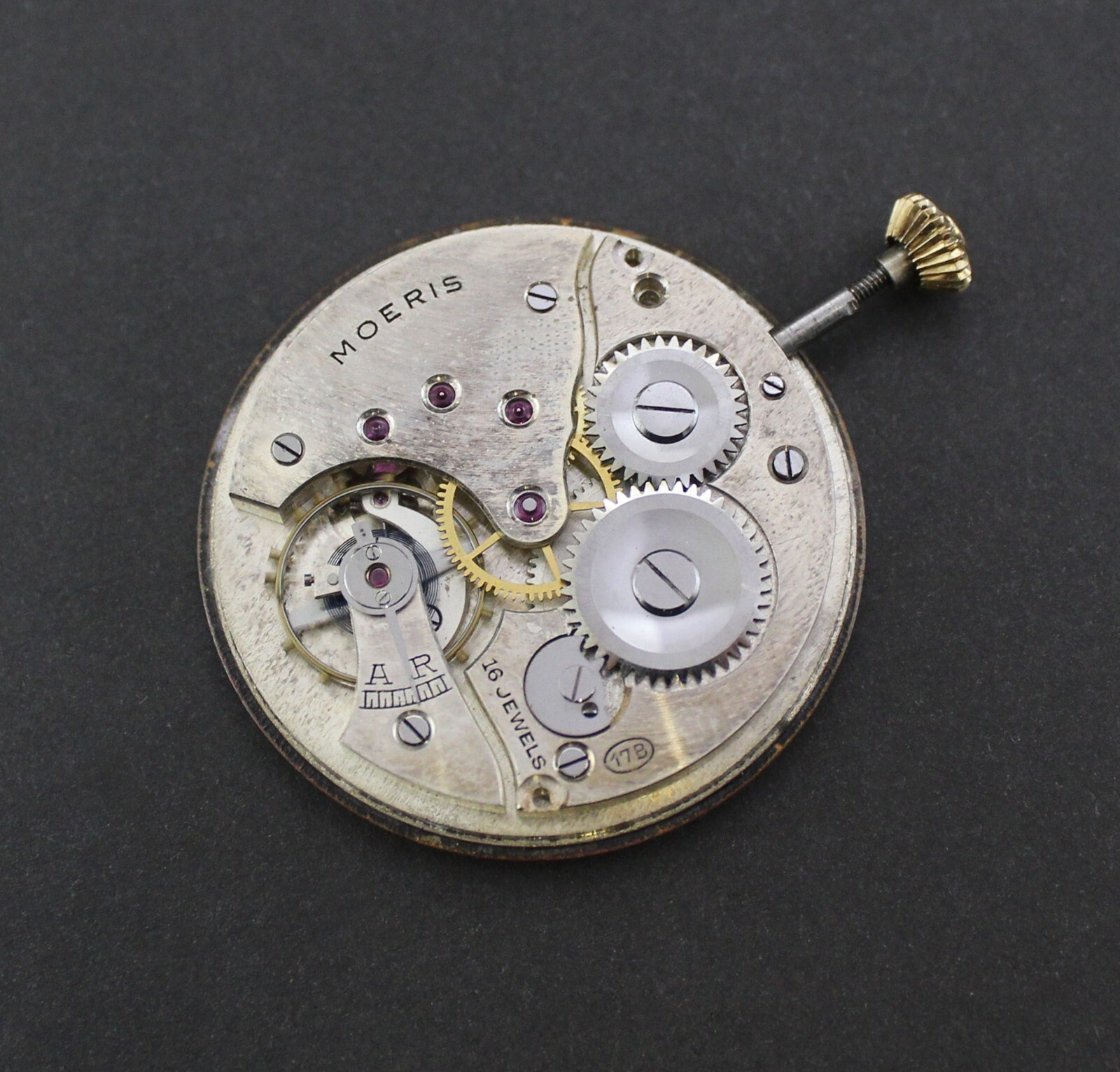 Antique Moeris manual Movement, dial, hands, winding stem & crown . Running!!