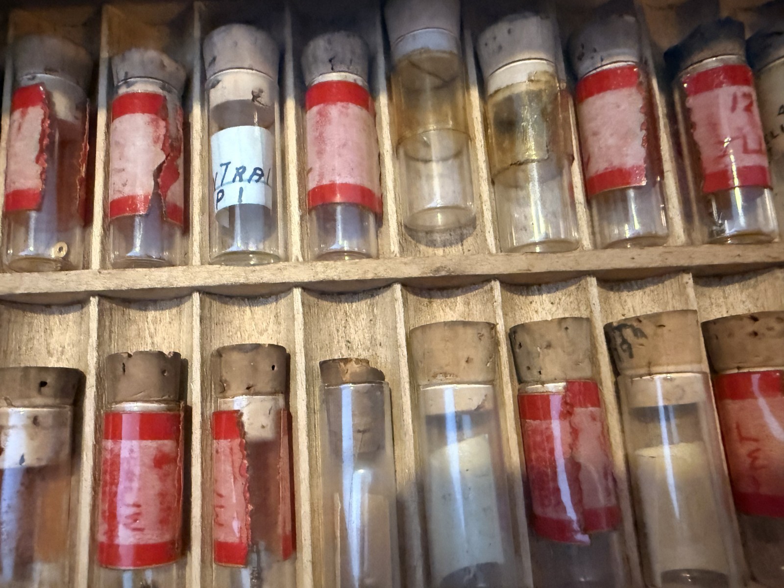 Vintage LOT Best Fit Watch Parts Crowns Stems Screws w/ Vials in Wood Drawer bar