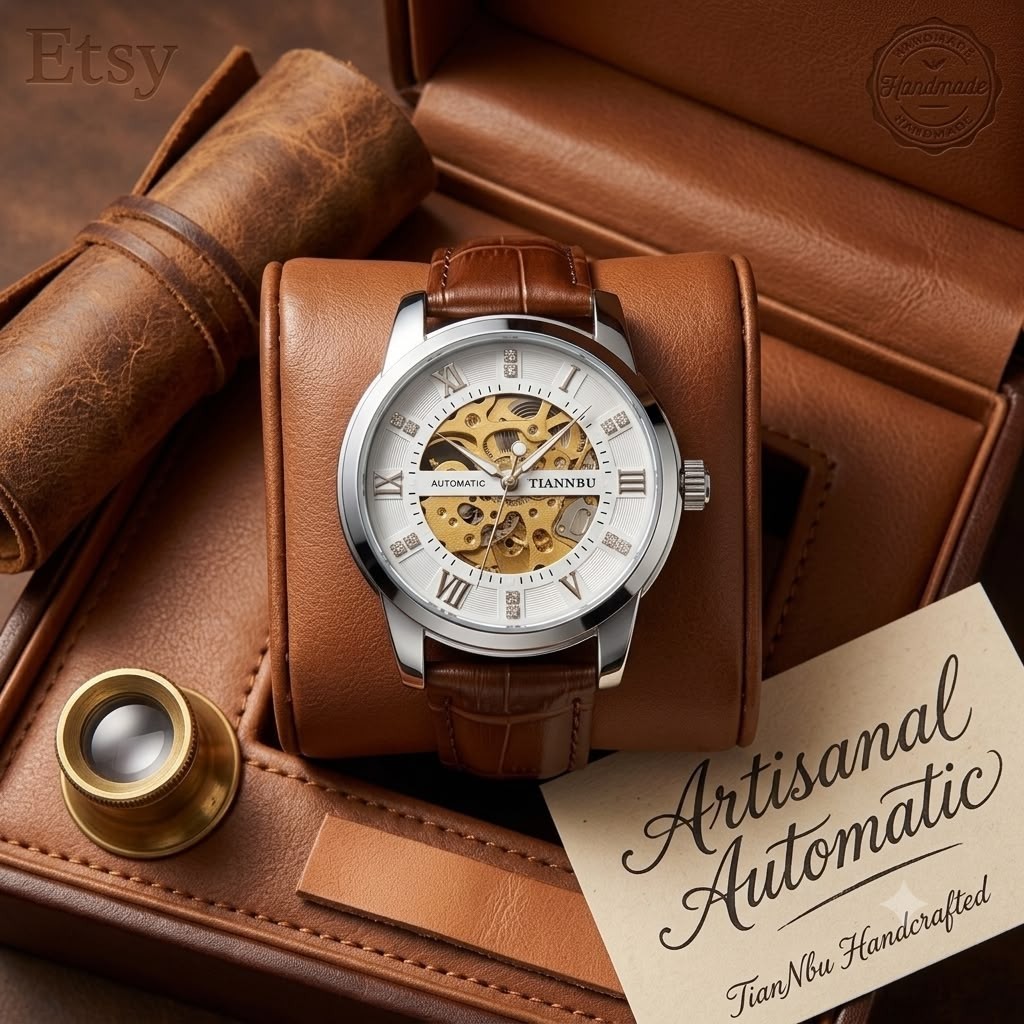 TIANNBU Skeleton Automatic Mechanical Watch White Dial Leather Mens Wristwatch