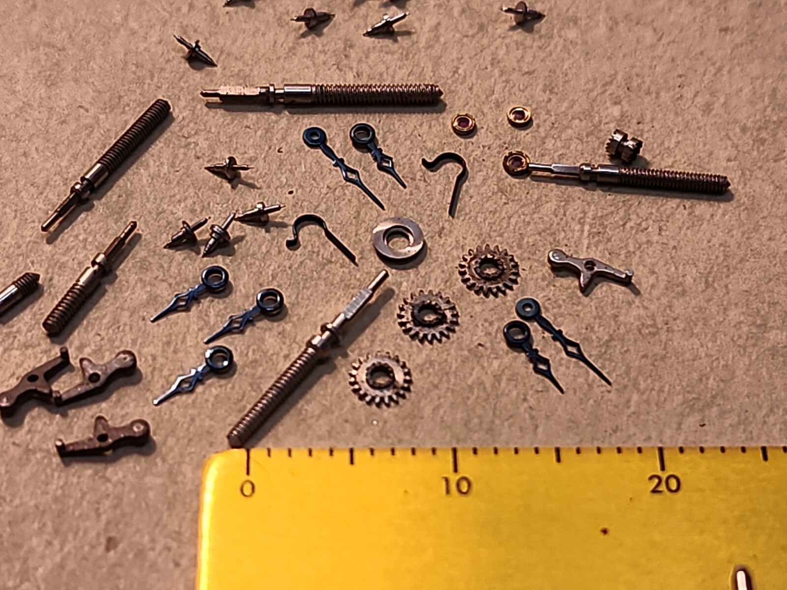 Lot Of NOS Elgin 21/0 Mixed Parts-Stems, Balance Staffs, Jewels, Hands, Etc