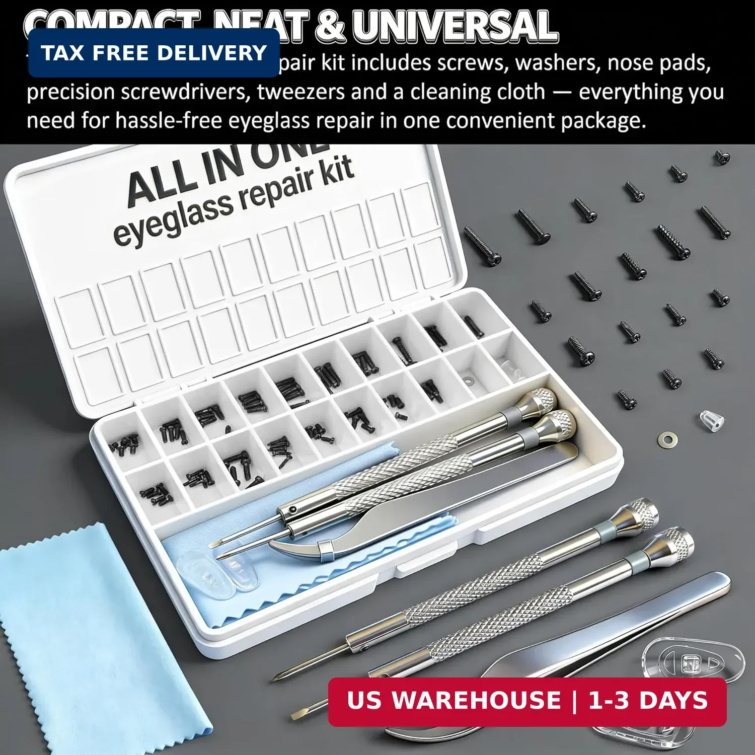 Black Eyeglass Repair Kit with 18 Sizes Black-Coated Screws, 1.4mm Precision Scr