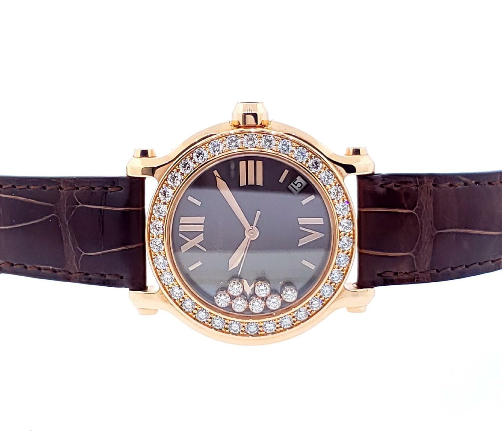 Chopard Happy Sport 18k Rose Gold Chocolate Dial Factory Diamonds 277473-5008