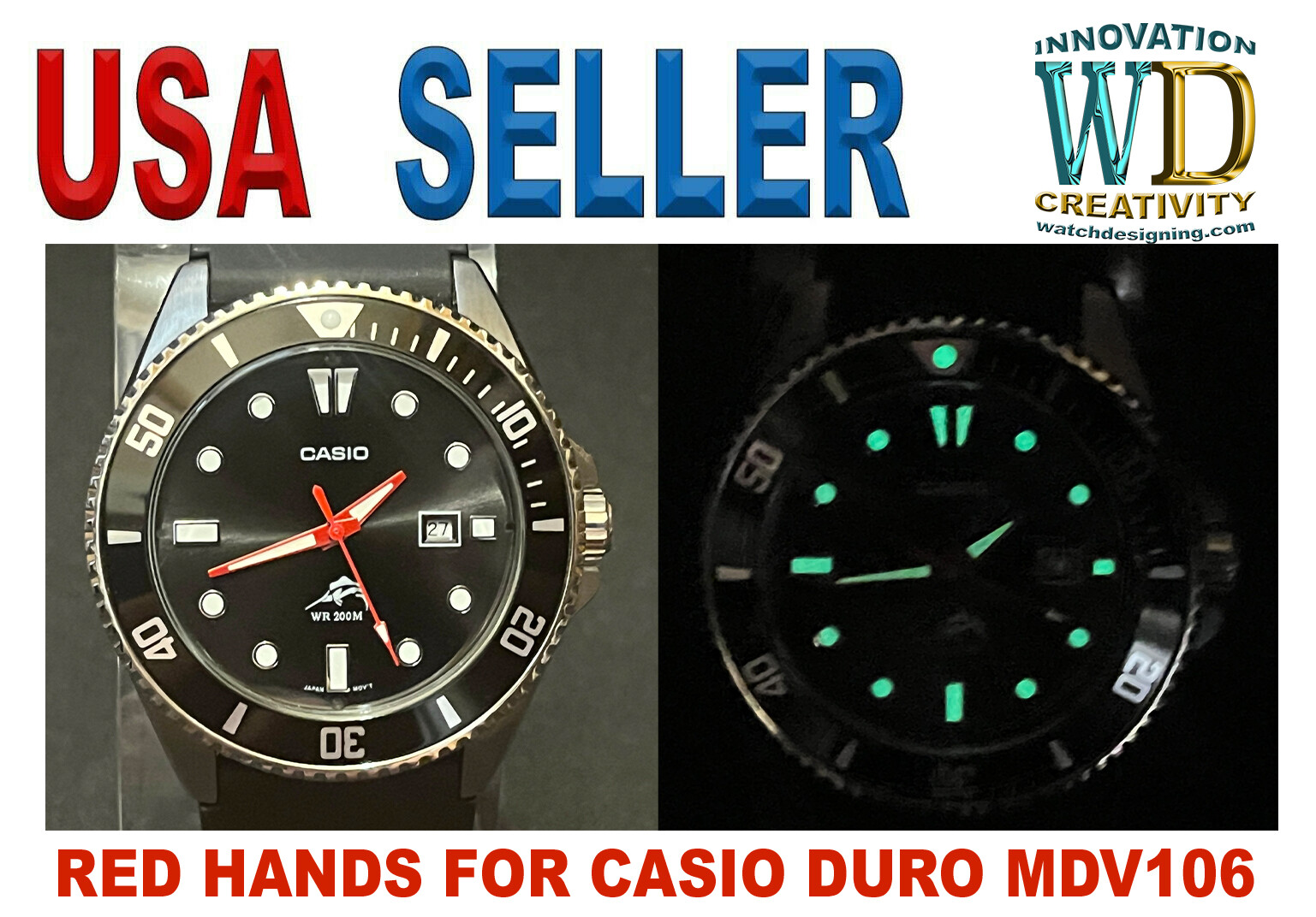 Watch hands Parts Casio Duro MDV106 2035 Movt RED/WHITE Green Luminous 120/70/20
