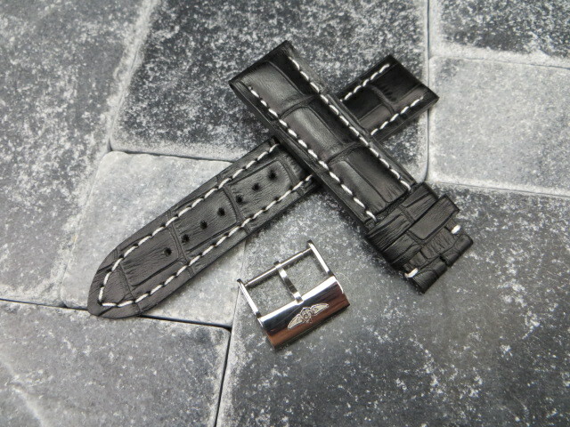 New 22mm Grain Leather Strap Black Watch Band with OEM BREITLING Tang Buckle x1