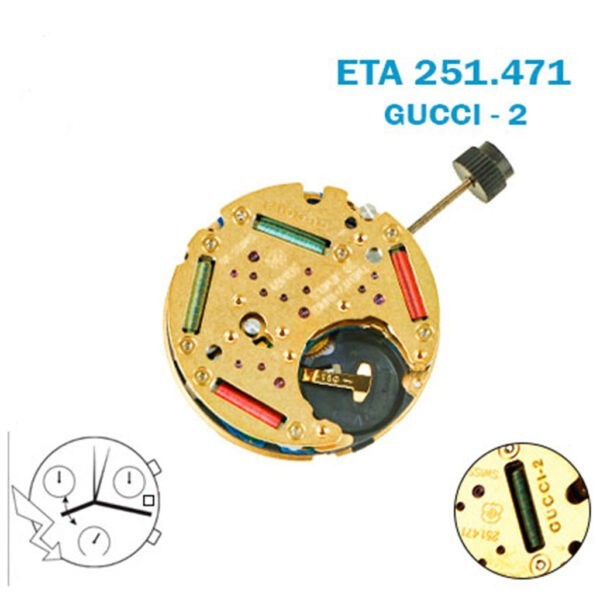 ETA 251.471 GUCCI 2 Swiss Chronograph Watch Movement-White Date at 3-23 Jewels.