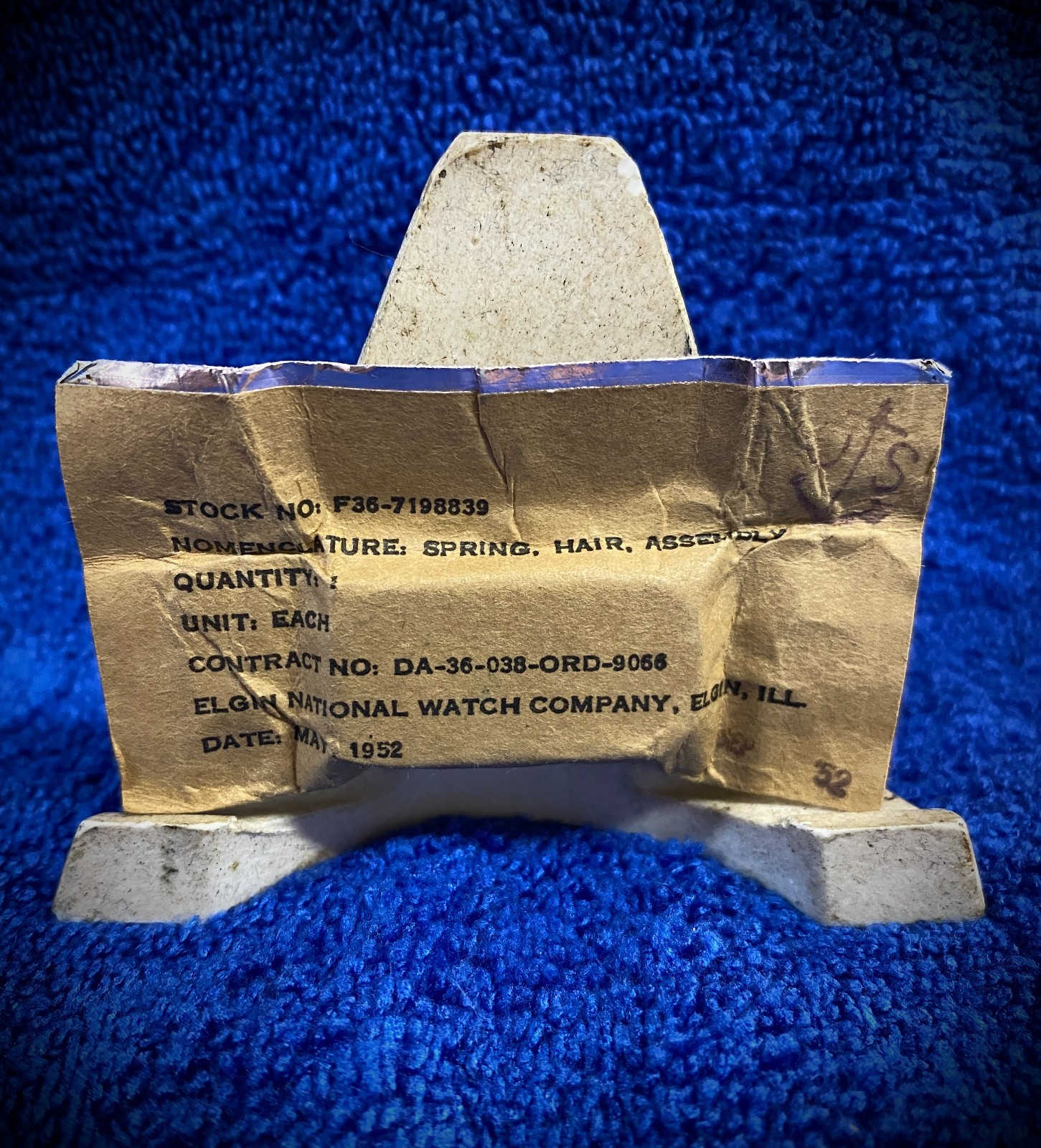 Elgin Watch Hair Spring Assembly F36-7198839 (DD-36-038-ORD-9065) Military 1952