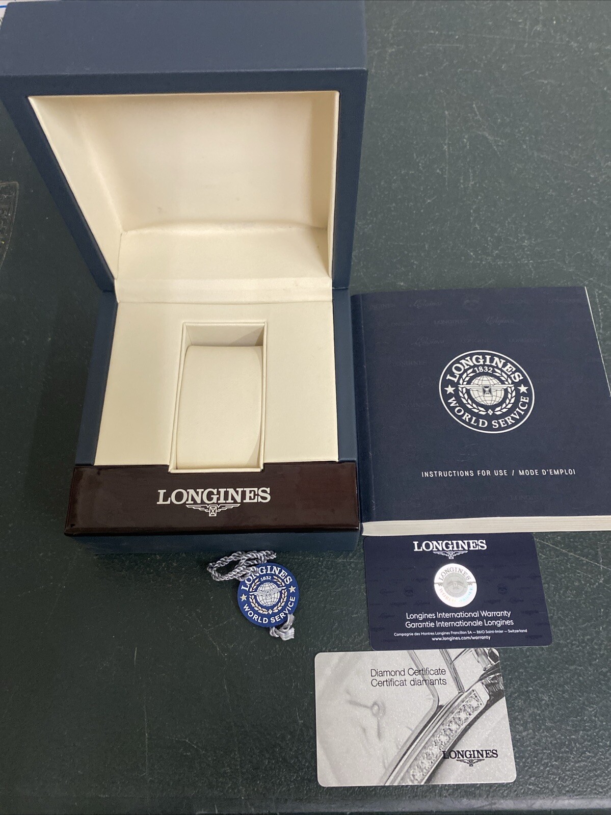 No watch, Empty box, Original Longines Diamond Watch Box, Manual Cards Serv Tag