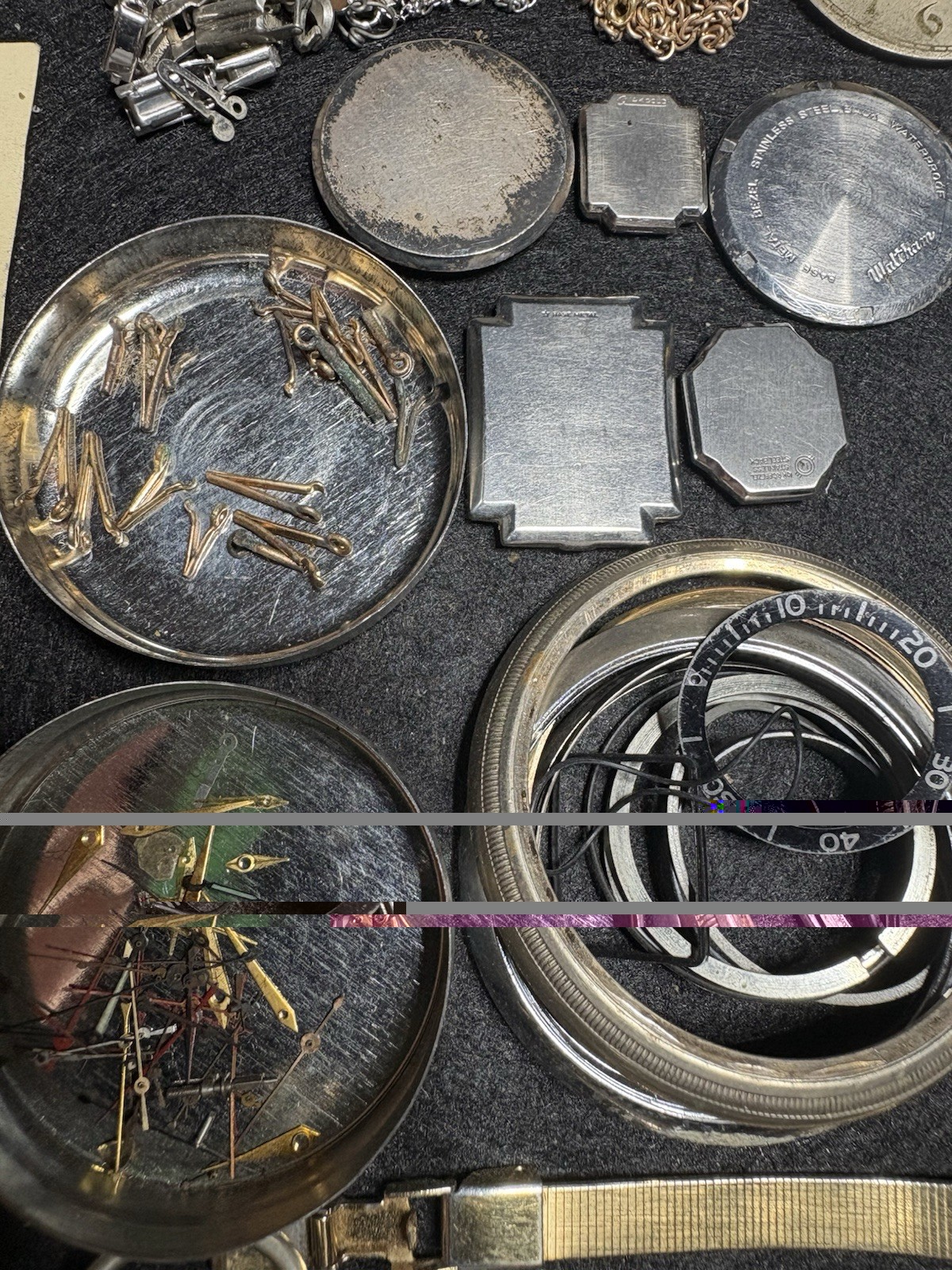 Vtg Watch Repair Lot Elgin Bulova Waltham Dials Hands Cases Parts Movements
