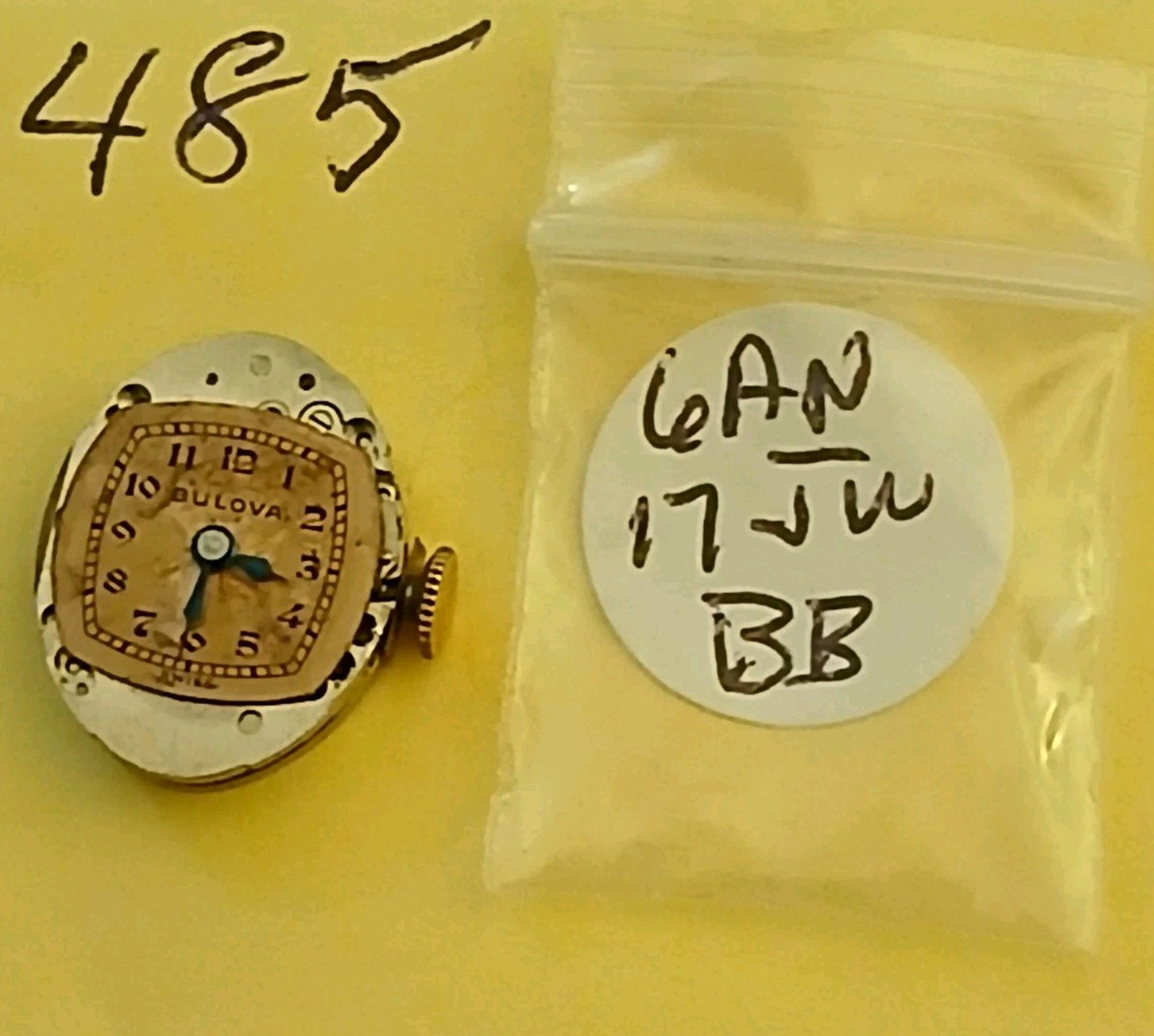 #485, Bulova 6AN. 17 Jewel NOT WORKING Broken Balance Staff Parts Movement