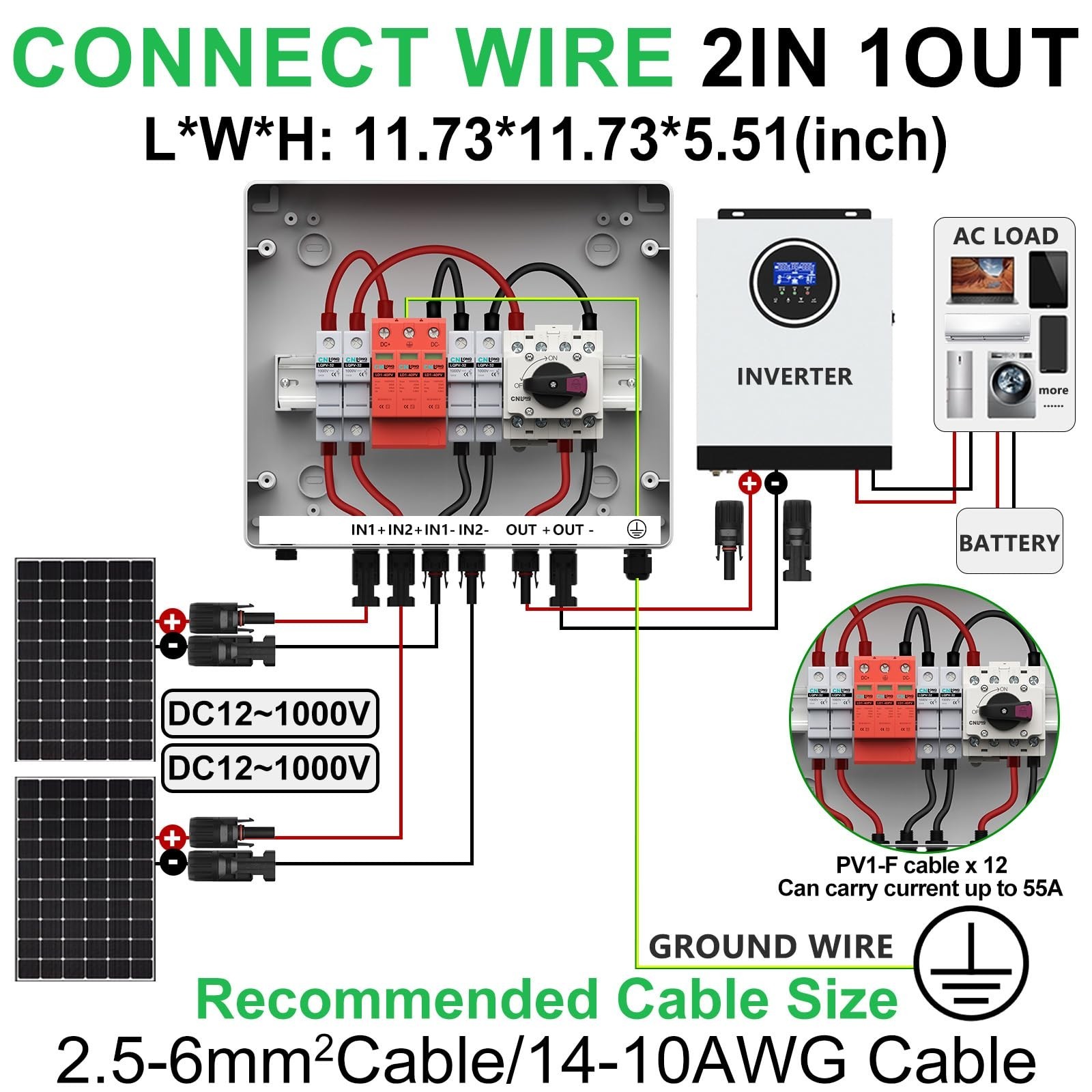 2 String Solar PV Combiner Box 2 in 1 Out IP65 DC1000V 32A Disconnect Switch …