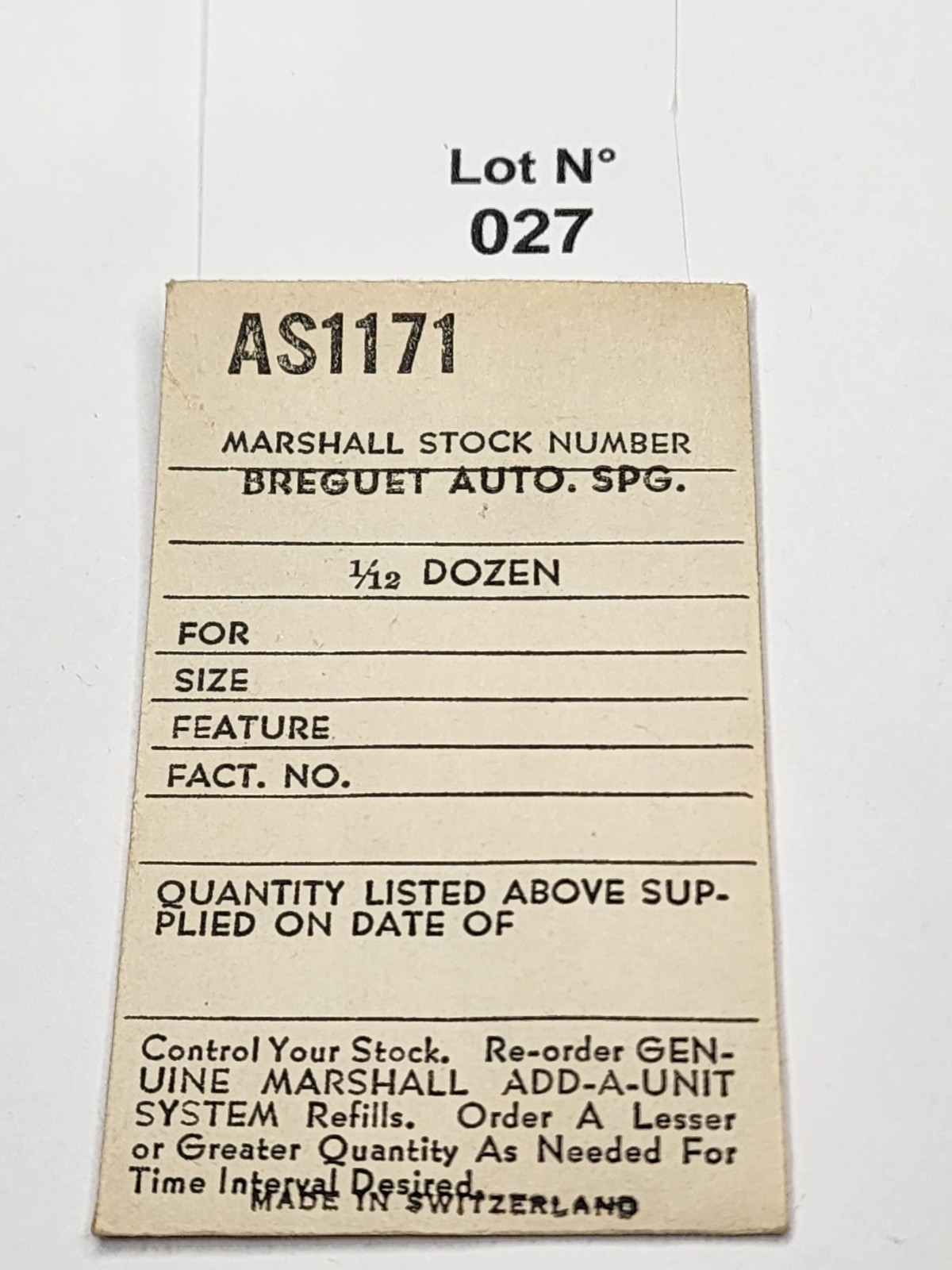Vintage Watch Part – Marshall Stock AS1171 Breguet Auto Spring with Packet