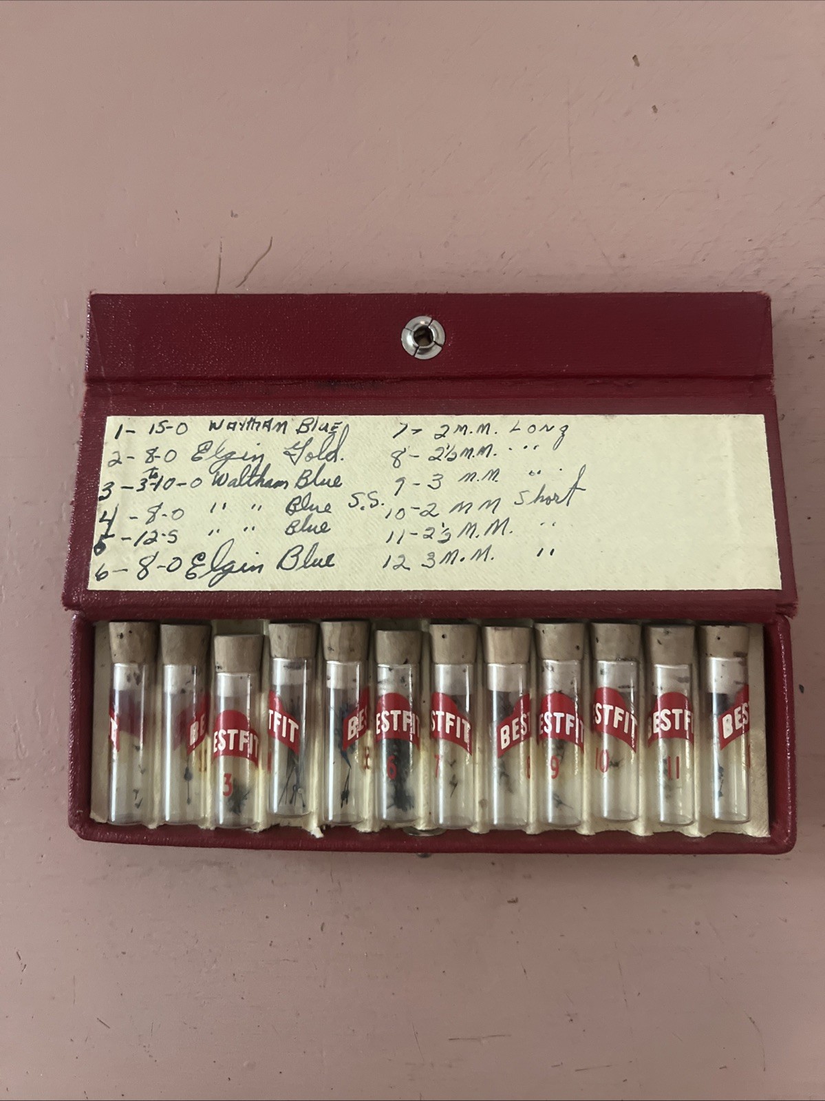 1950s Bestfit Watchmaking Assortment Repair Kit Elgin Waltham 12 Glass Vials