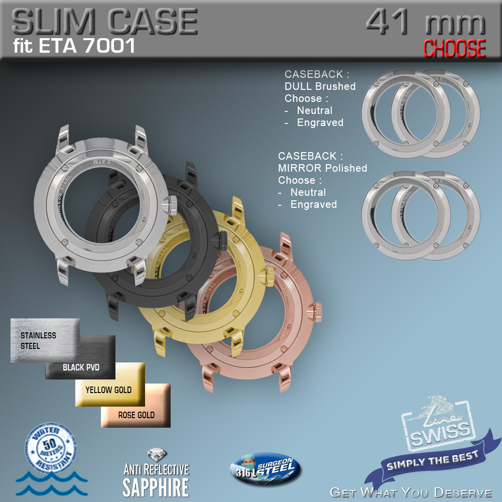 WATCH CASE SLIM Ø 41 MM, ETA-7001 COMP D100, ST ST, BLACK, GOLD, ROSE-GOLD