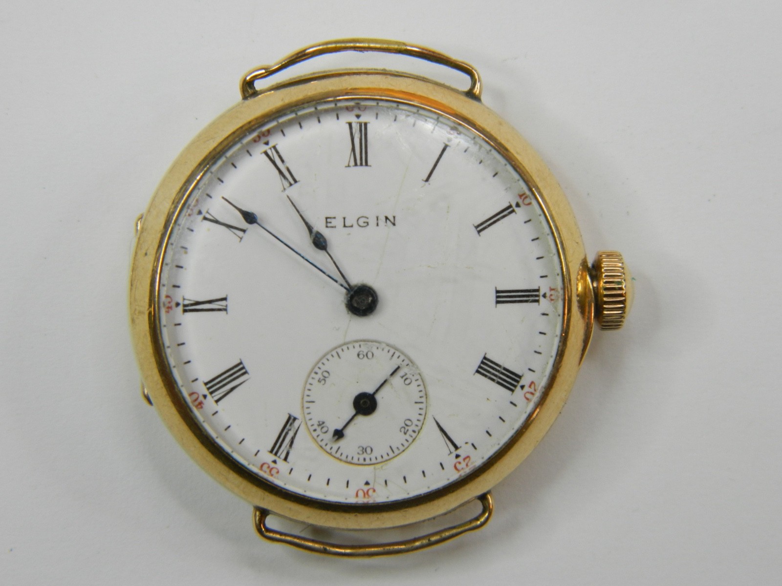 1908 PRE-WW1 ELGIN 0S 10K GOLD FILLED WIRE LUGS TRENCH WATCH – FINE CASE -REPAIR