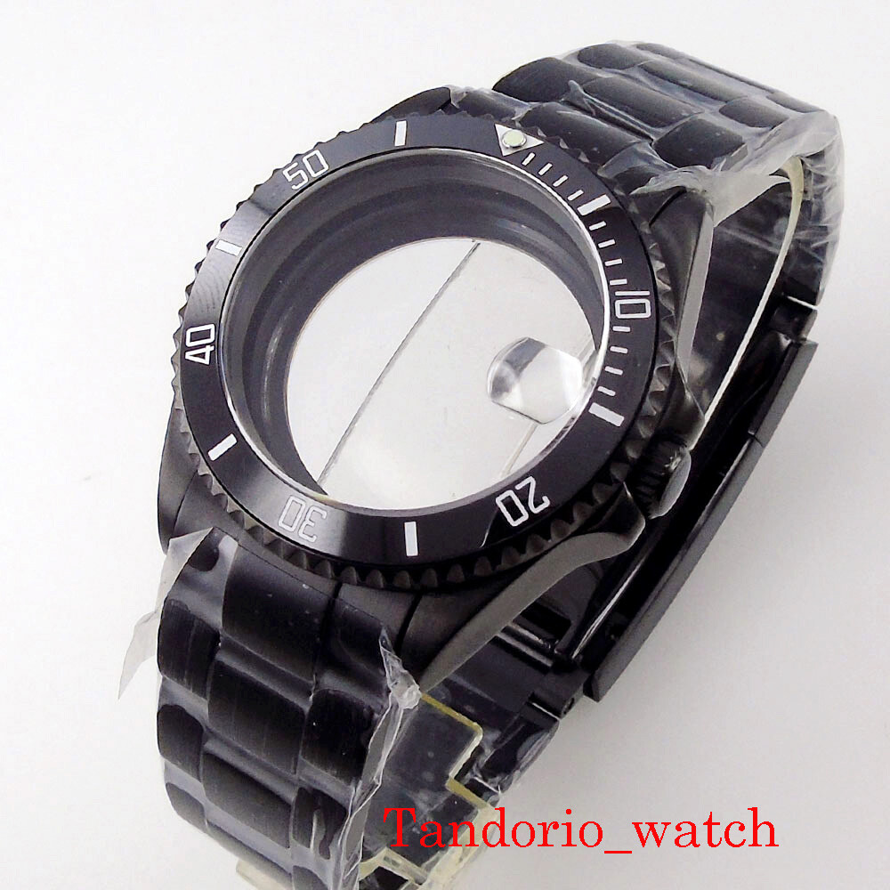 For NH35 NH36 Movement 38mm Black PVD Men Watch Case Sapphire Glass Oyster Strap