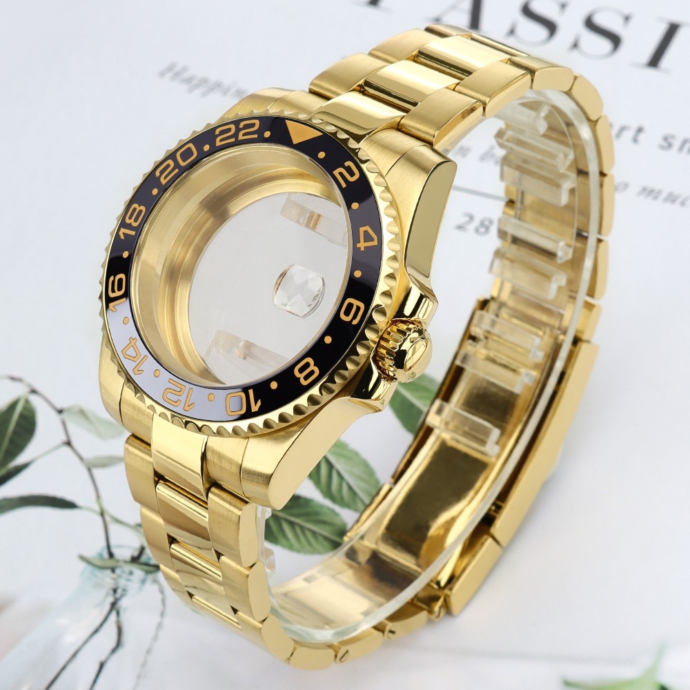 40mm GMT Golden Watch Case+Oyster Bracelet Sapphire 10ATM For Japan NH35 ETA2824