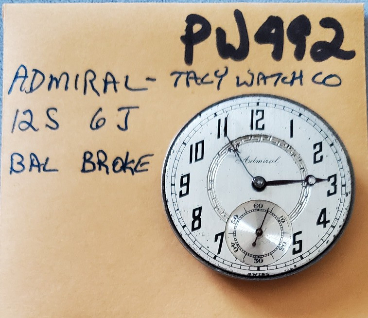 POCKET WATCH MOVEMENT ADMIRAL-TACY W CO. 12s 6j PW492