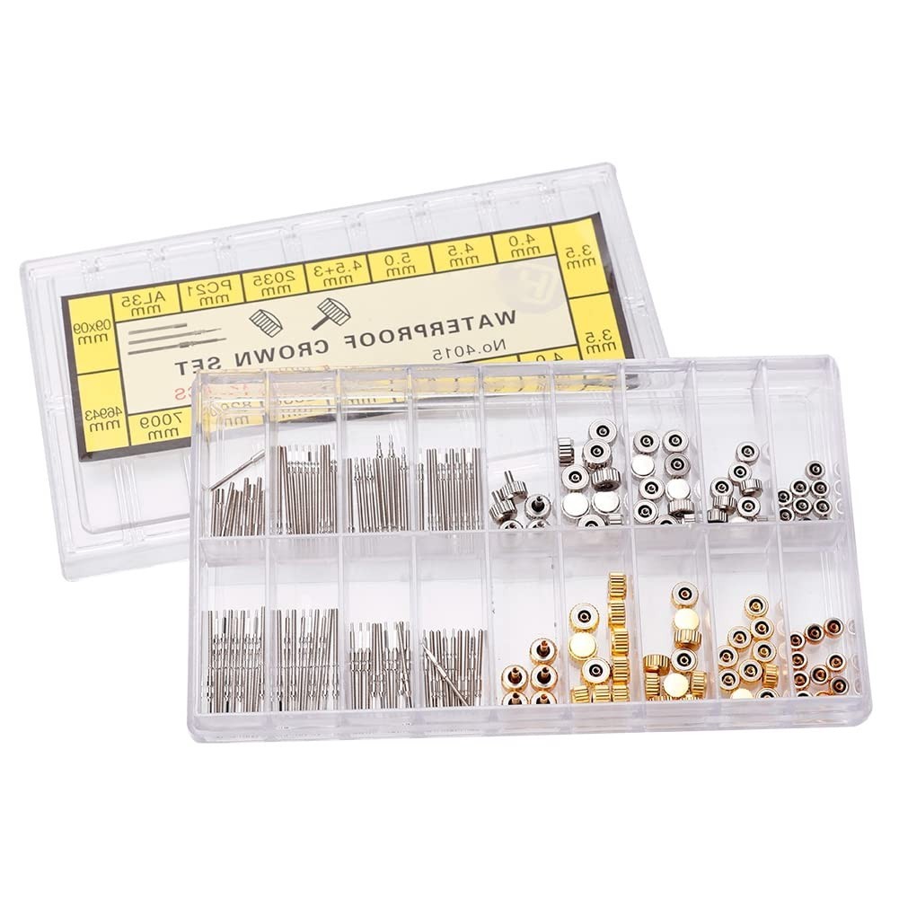 Stainless Steel Watch Crown & Stem Set – Assorted Repair Tool Kit with Storage B