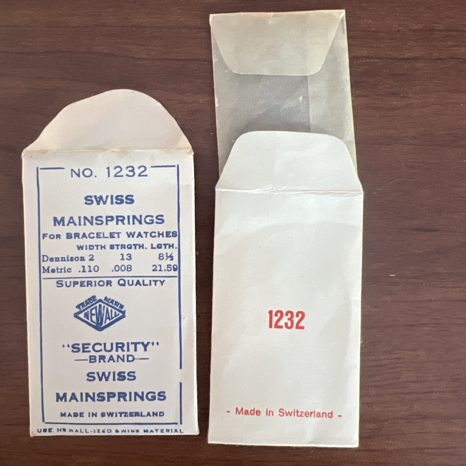 Newall Security Brand Swiss Mainspring Watch Part No. 1232 New Old Stock
