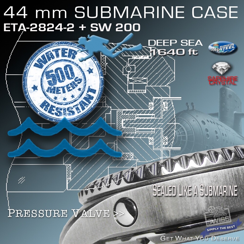 SUBMARINE CASE + BAND, DEEP SEA, 500 M/1640 ft. VALVE ETA 2824, SW200: 16 Var.