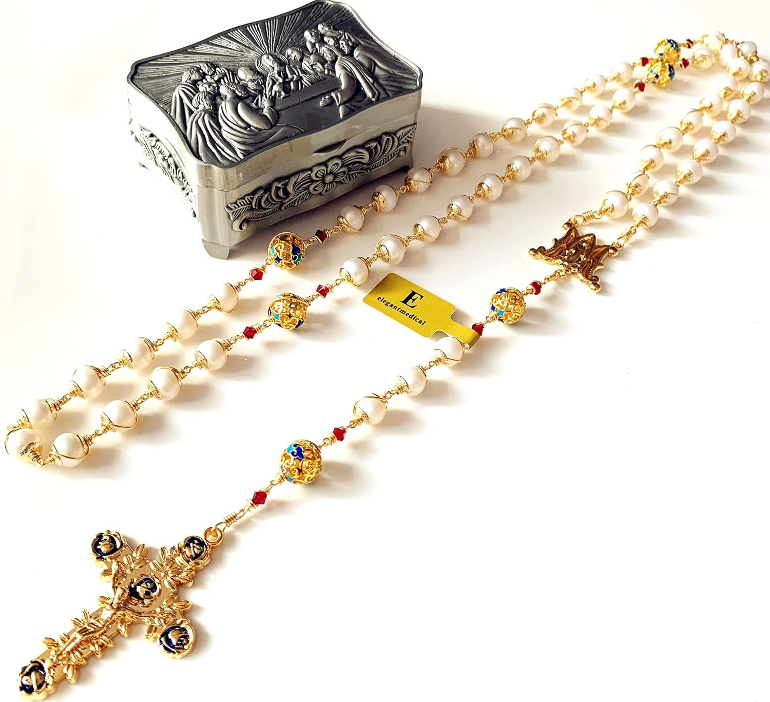 Gold Plated Wire Wrapped Pearl & Enamel Bead Rosary Cross Necklace Box