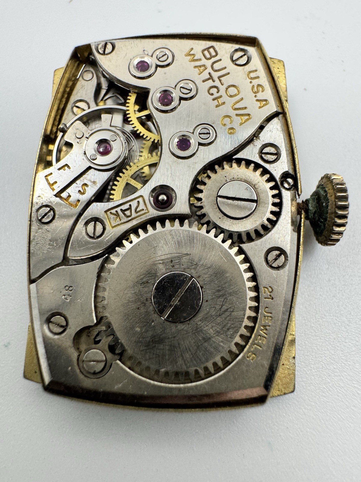 Vintage Bulova 7AK 21 jewel wrist watch movement with stem & crown