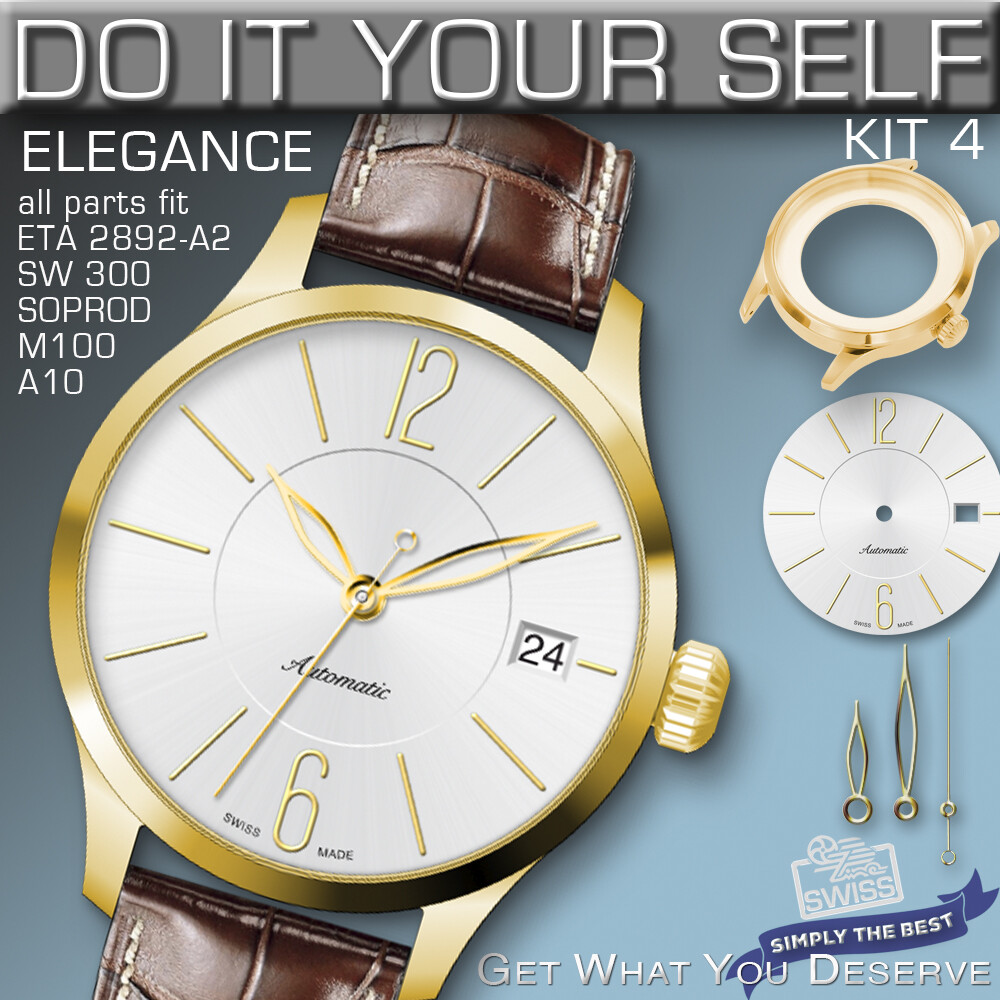 DO IT YOURSELF KIT 4: ELEGANCE CASE 34MM, DIAL, HANDS, fit ETA 2892-A2, SW300