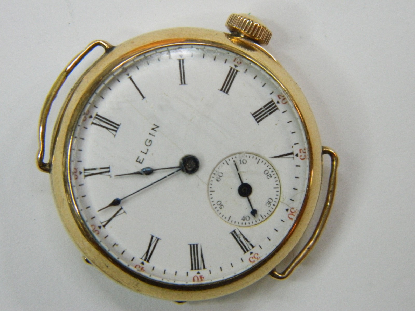1908 PRE-WW1 ELGIN 0S 10K GOLD FILLED WIRE LUGS TRENCH WATCH – FINE CASE -REPAIR