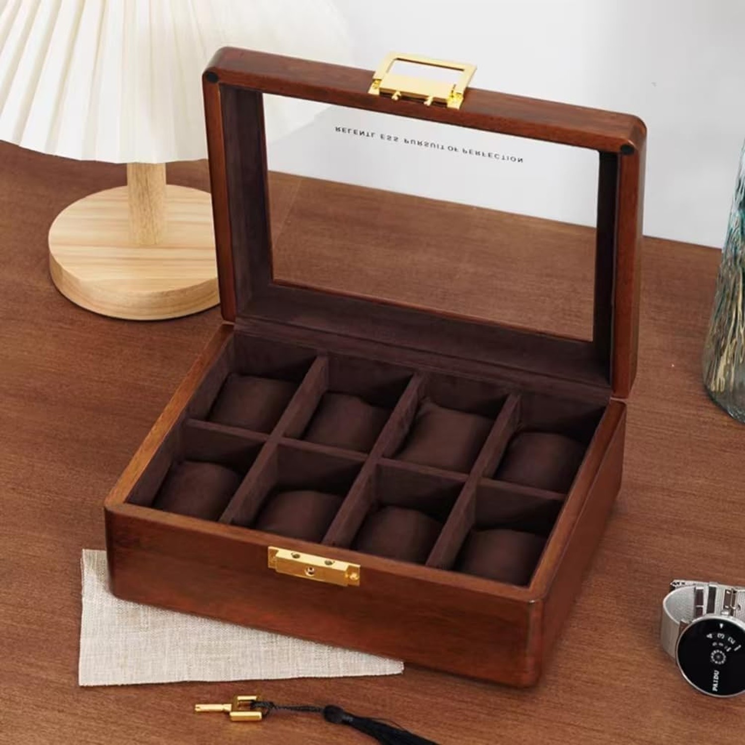 Bescott Solid Wood Watch Box 8 Slots With Glass Lid Walnut Collection Case Fo…