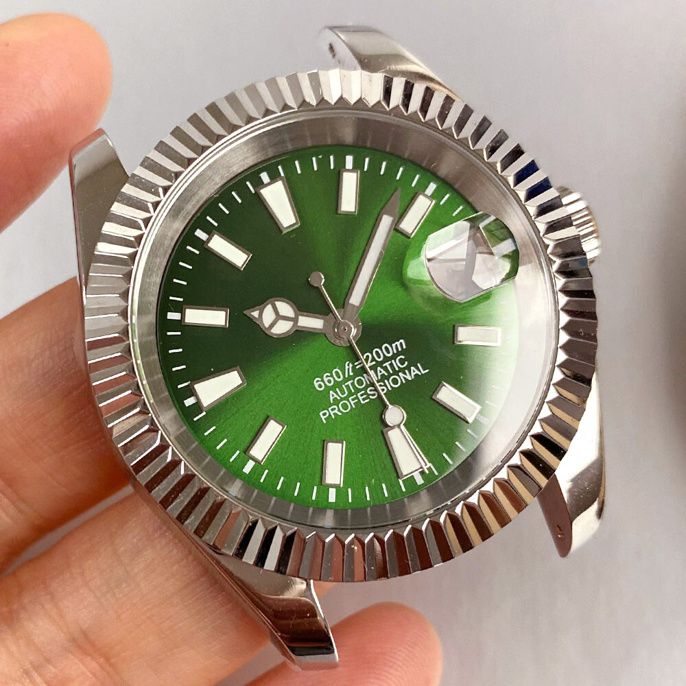36mm Polished Diving Watch Case Sunburst Green Watch Dial Face fit NH35A NH36A