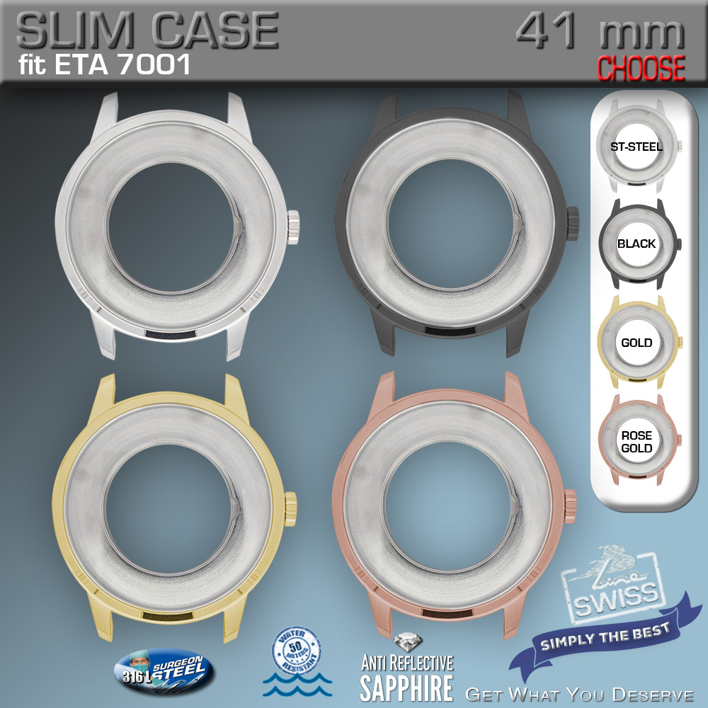 WATCH CASE SLIM Ø 41 MM, ETA-7001 COMP D100, ST ST, BLACK, GOLD, ROSE-GOLD