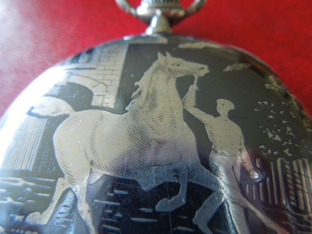 J4939 POCKET WATCH MOVADO NIELLO HORSES FULL HUNTER HUGUENIN FR. SEE DESCR
