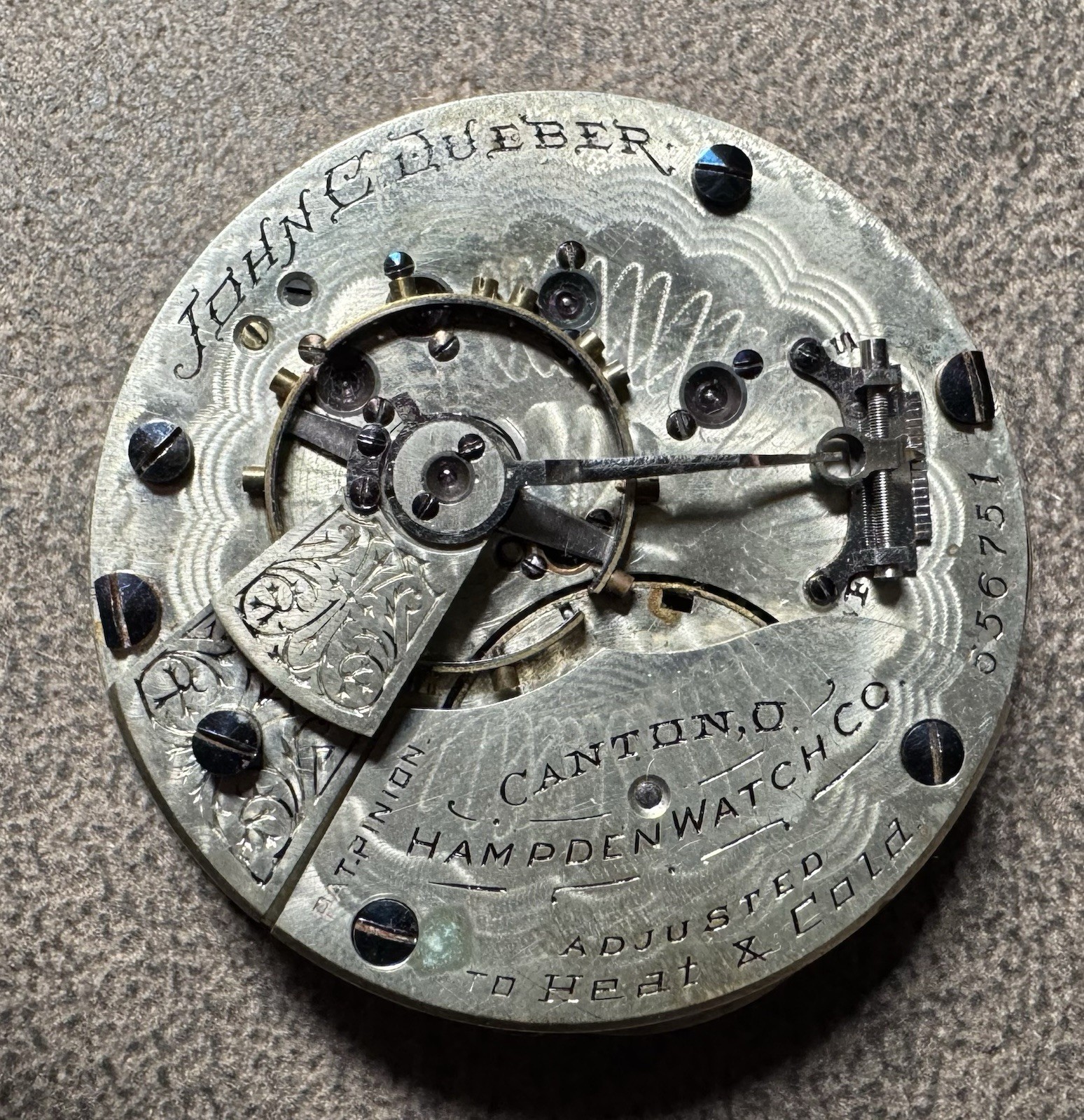 1890 HAMPDEN JOHN DUEBER 18S 17J ADJUSTED RR GRADE POCKET WATCH MOVEMENT & DIAL