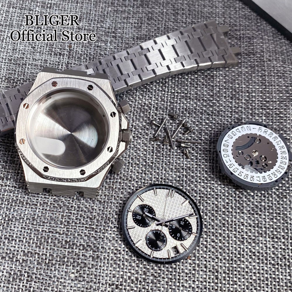 42mm Brushed Watch Case Bracelet 32.1mm Black Blue Dial Fit VK63 Quartz Sapphire