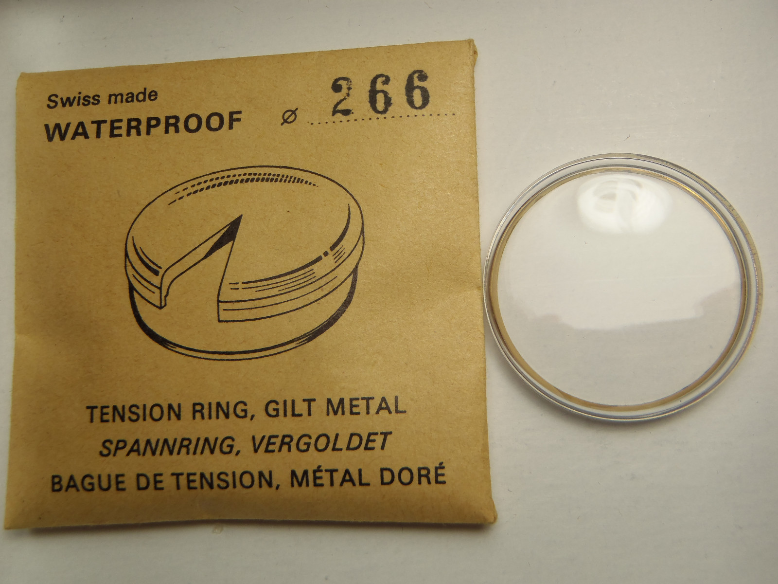 SWISS GILT METAL TENSION RING ROUND PLASTIC WATCH CRYSTAL WATERPROOF 26.6 MM