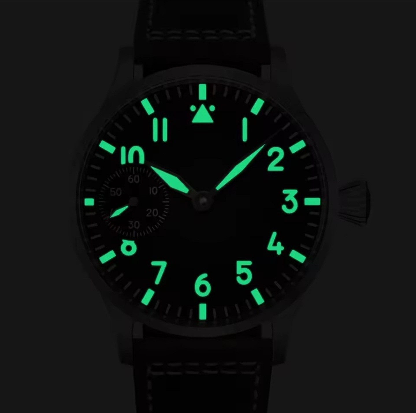Pilot Watch 42mm ETA 6497 Exhibition Case. Black dial.