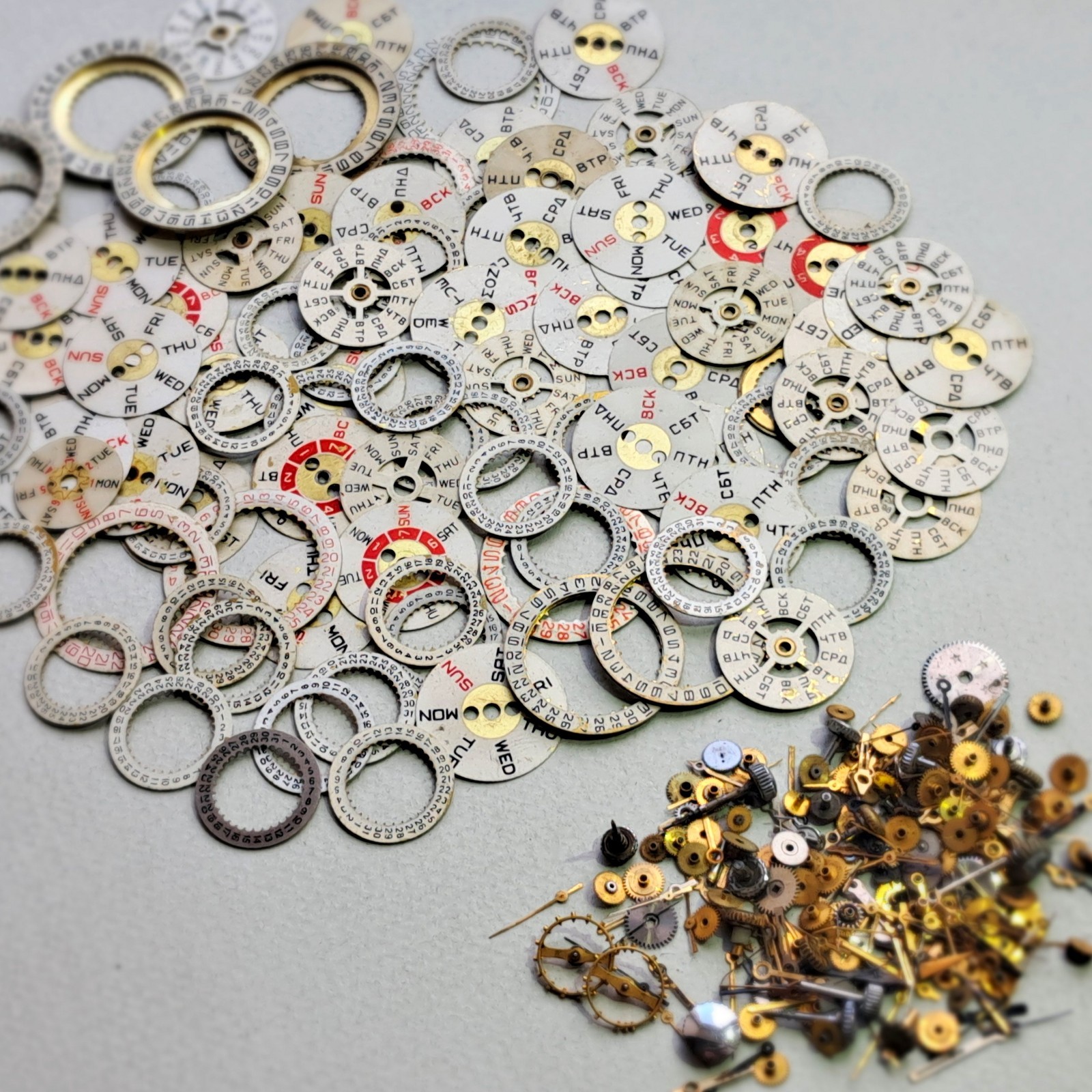 100 Vintage Watch Date Rings + Mixed Watch Parts Hands Gears Crowns Steampunk