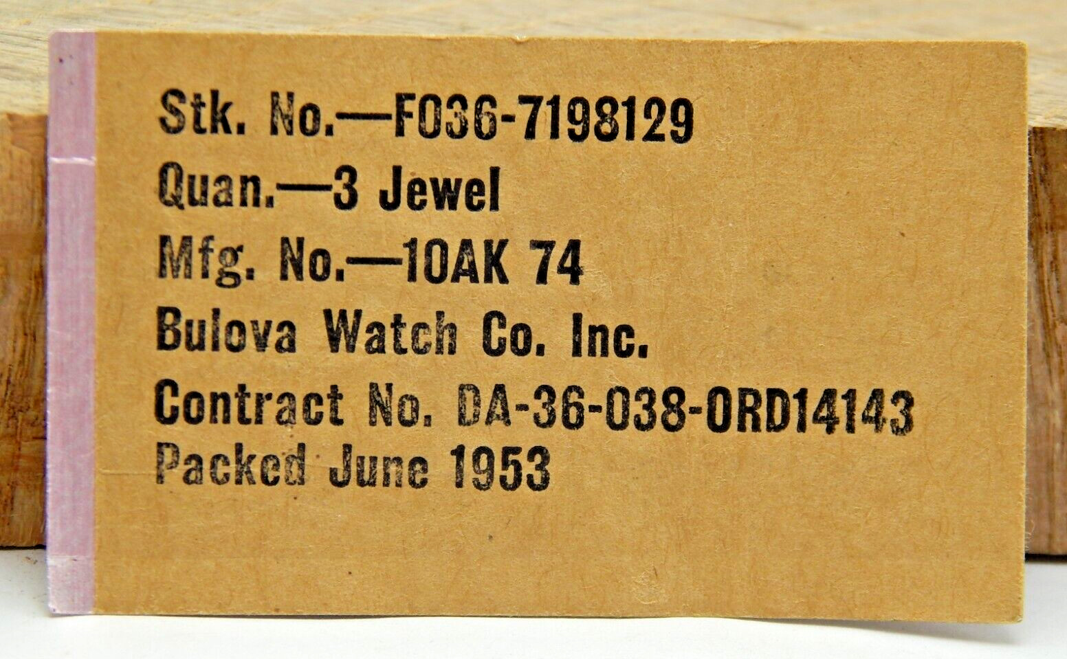 Military 1953 Bulova 10AK 74 3 Jewels Stock No-FO36-7198129 New NOS watch parts