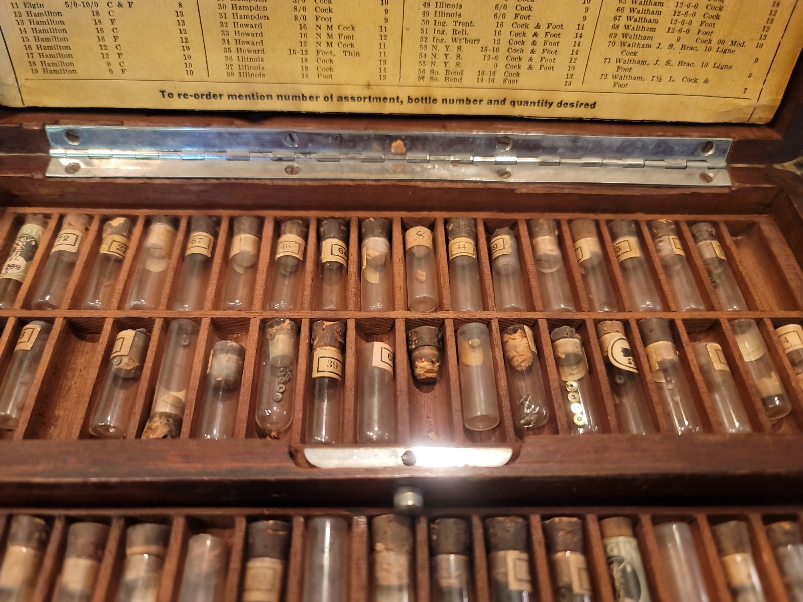 ANTIQUE SWARTCHILD & CO. WATCHMAKERS REPAIR WATCH SCREWS SET W 136 VIALS & BOX