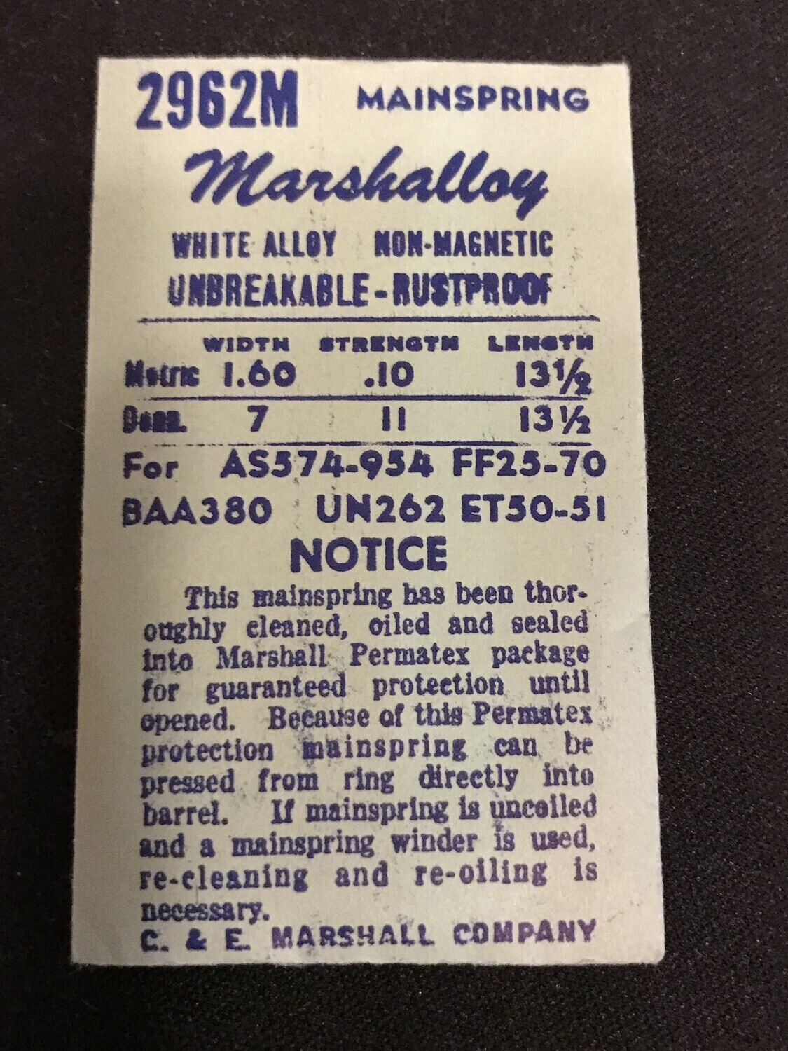 C&E Marshall Marshalloy Mainspring 2962M for Universal 262, Buren 380, AS 574, 9
