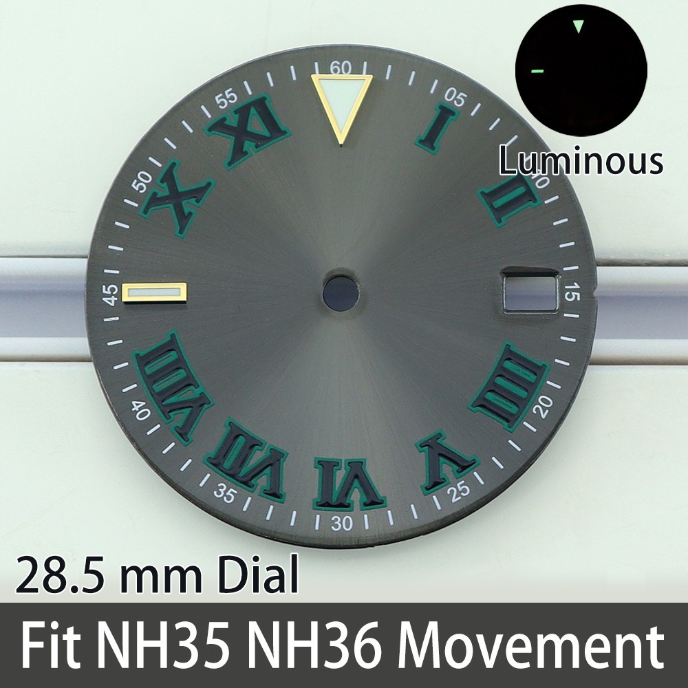28.5mm Fashion Roman Numeral Watch Dials Kit C3 Luminous For Seiko NH35 Movement