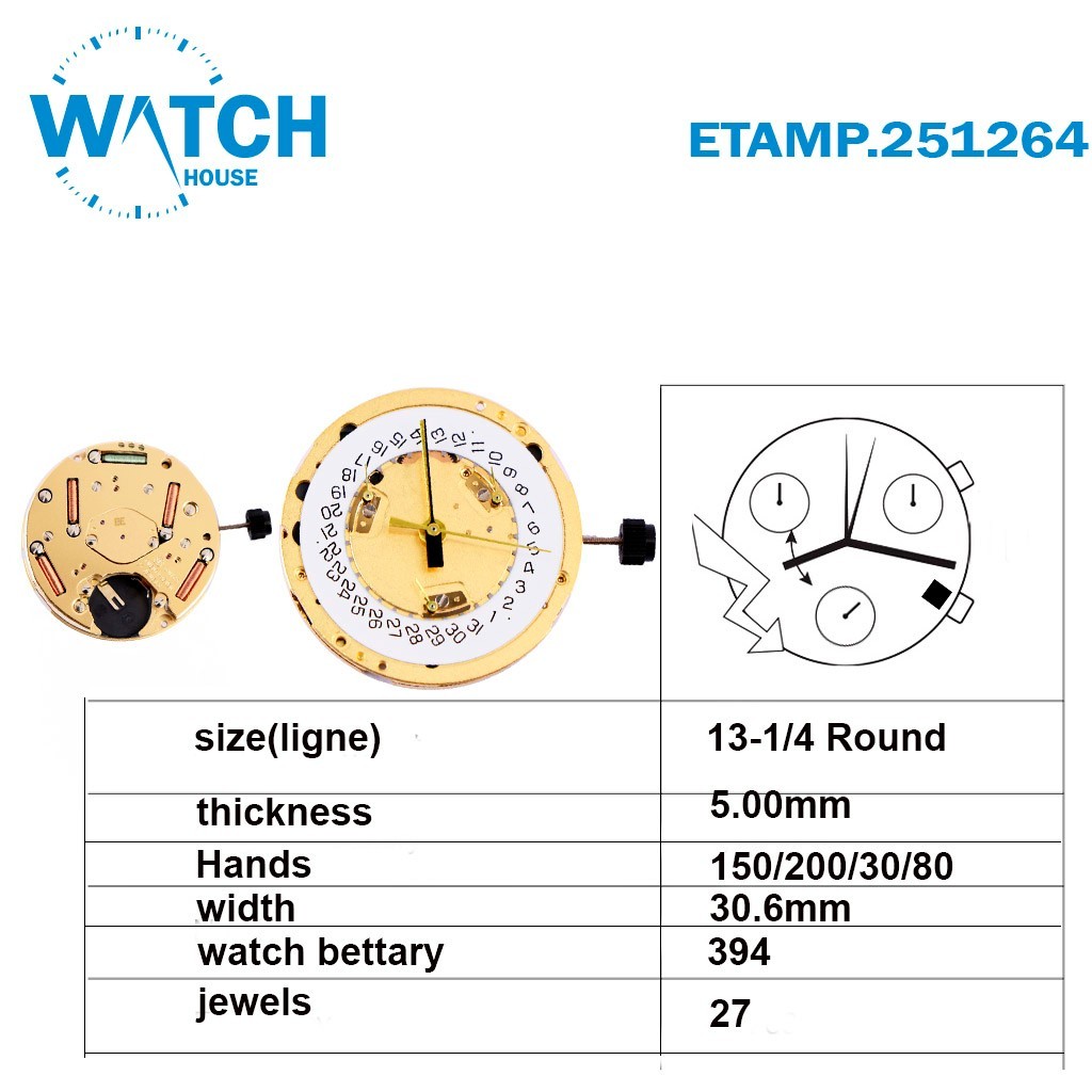 ETA – MOVEMENT – 251.264 – SWISS MADE – WHITE DATE – QUARTZ – Ø30.5MM