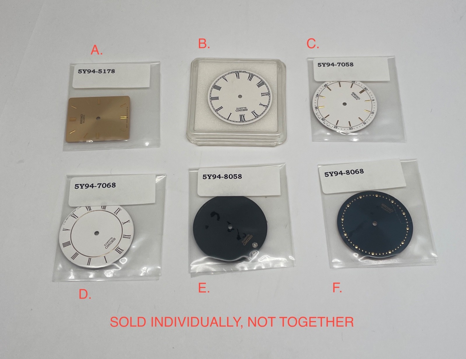 SEIKO Round + Rectangular Watch Dials for Mvt. 5Y94 SOLD AS INDIVIDUAL ITEMS