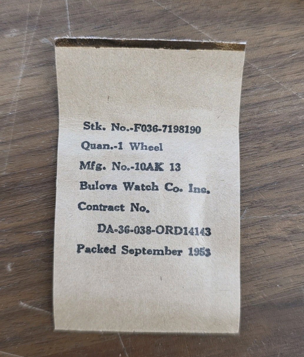 Military-Bulova Rachet Wheel No. 10AK 13 -No. DA-36-038-ORD14143-NOS