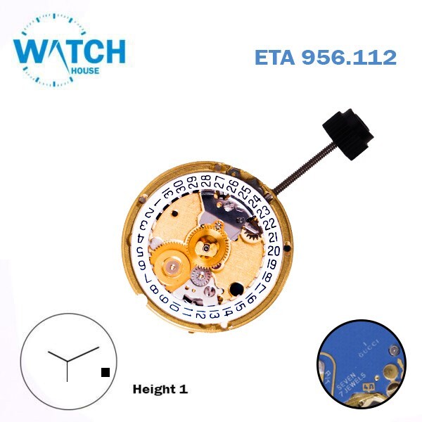 ETA 956.112 Gucci -1 Swiss Made Movement, White Date Disk at 4, 3Hands, Height 1