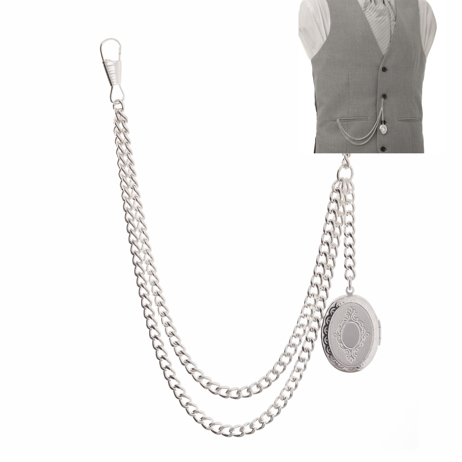New Sterling Silver Color Single Albert Pocket Watch Chain with Locket Pendant
