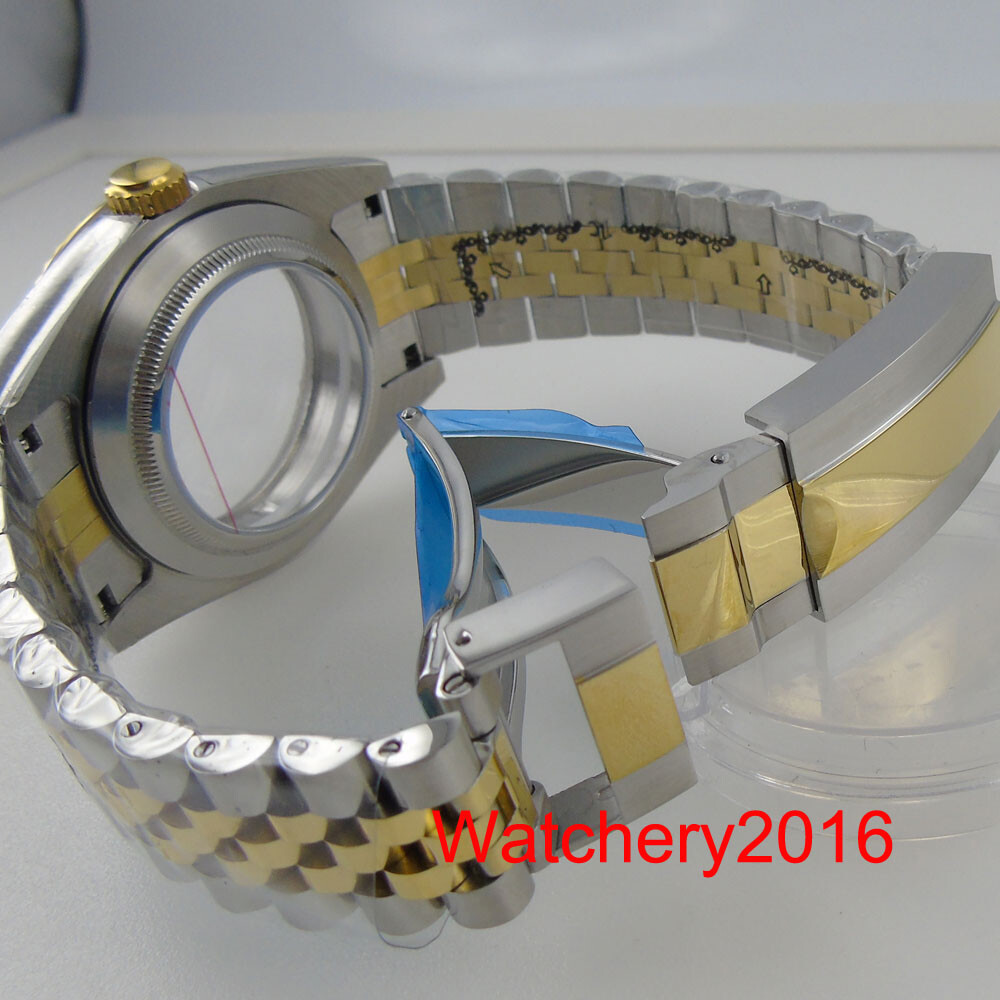39mm Two Tone Gold Watch Case Fluted Bezel See-though Glass Back Fit NH35 miyota