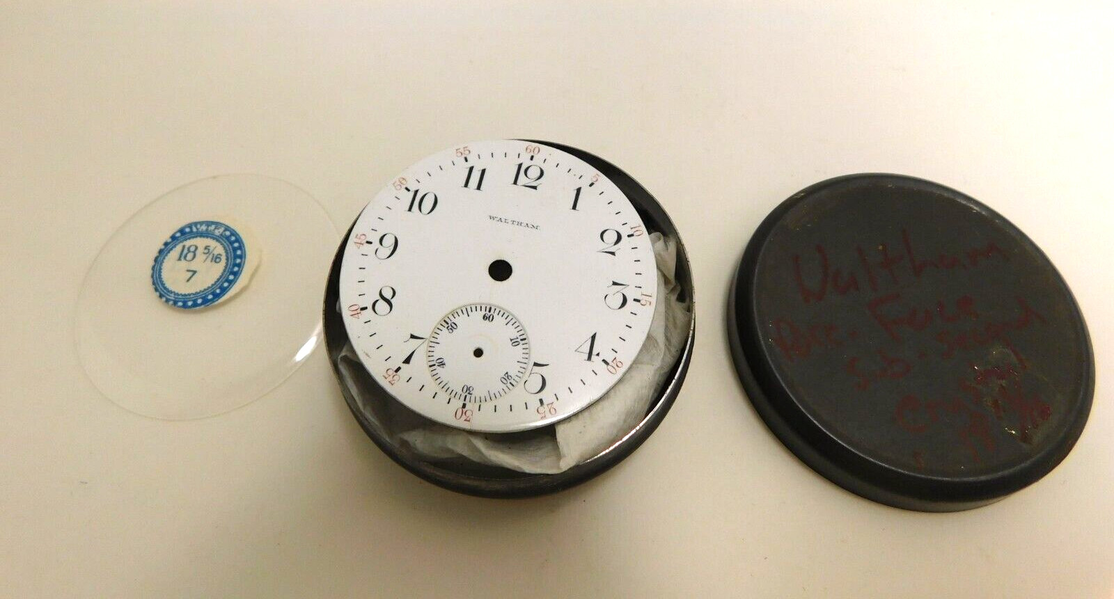 Vintage Waltham Porcelain Face Sub Second & Crystal 18 15/16 & Storage Tin