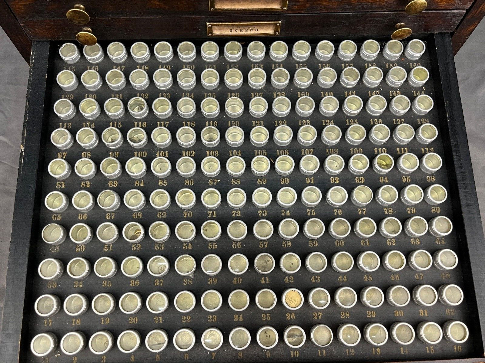 Antique Marco Table Top Mahogony Watch Case 10 Drawers and 1600 Slots + Parts