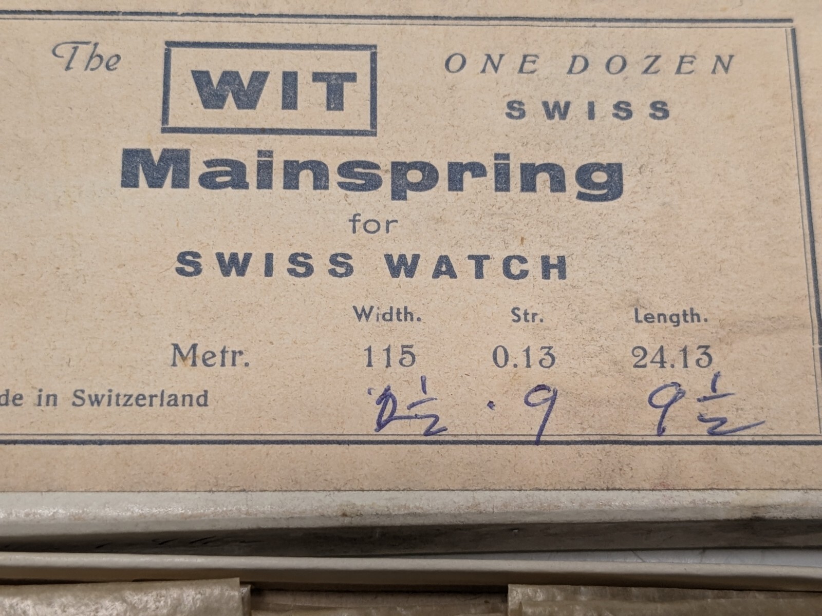 Box of 12 NOS WIT Mainsprings For Swiss Watches 2-1/2 x 9 x 9-1/2 115x.13×24.13